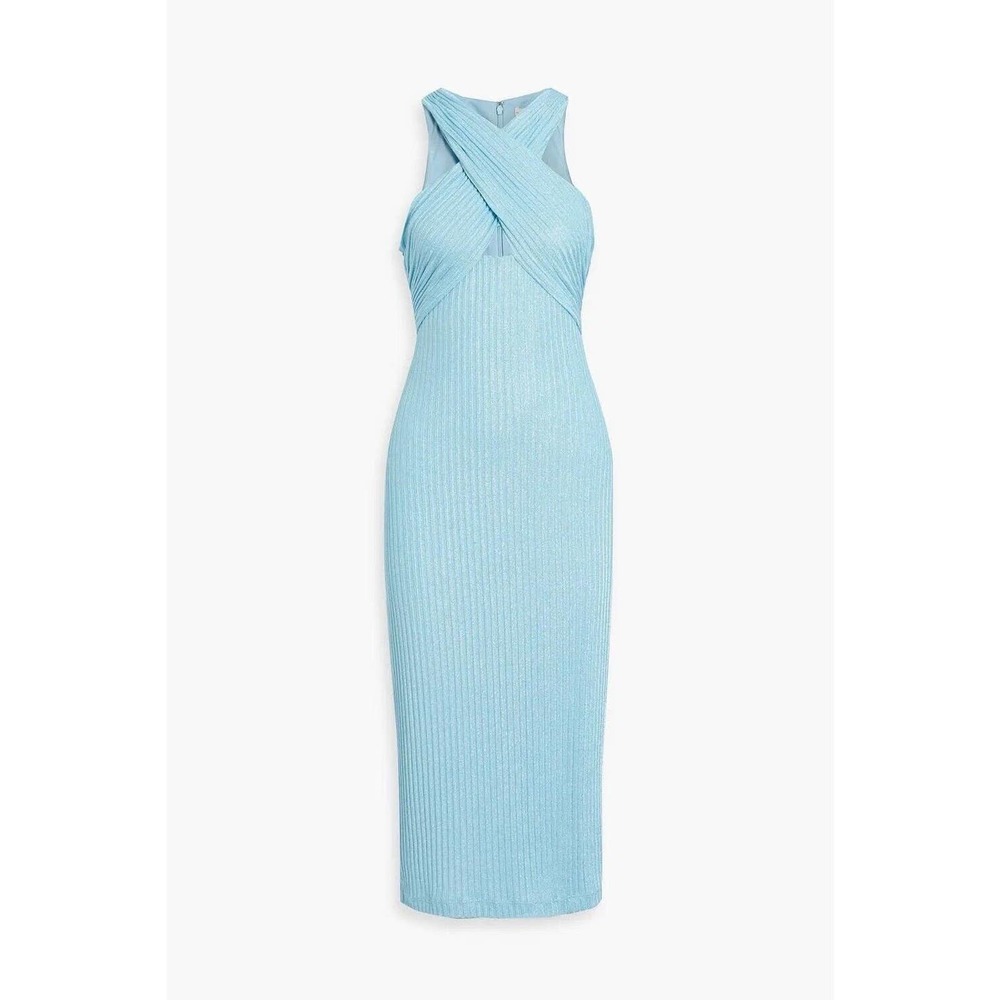 Monique Lhuillier Women's Crossover cutout metallic ribbed-knit midi dress Sz 6 - Picture 3 of 16
